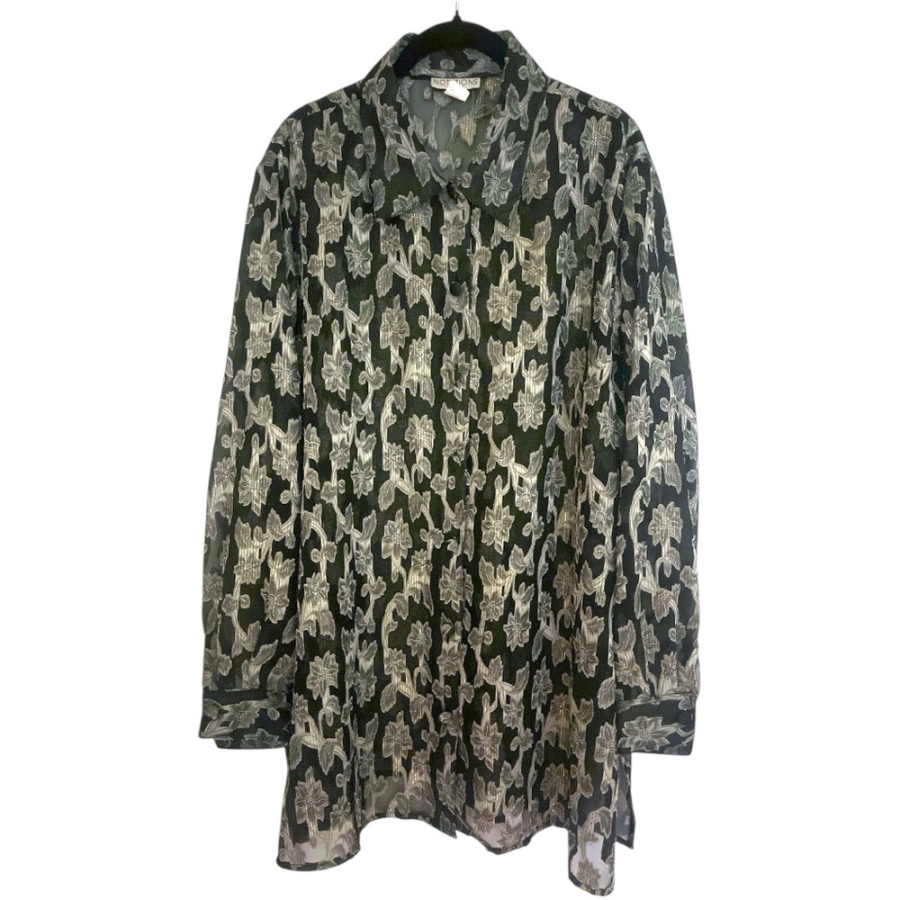 Notations Woman Burnout Gold & Black Metallic Floral Print Button Down Blouse - Picture 2 of 6